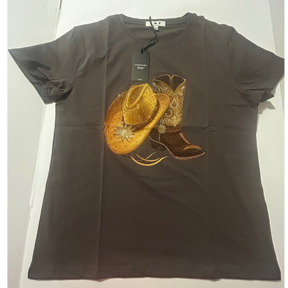 Y&F Women Charcoal Gray Rhinestone Cowboy Hat and Boot Graphic T-Shirt L/XL NEW